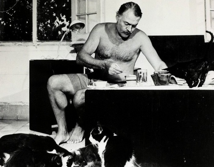 Literature Personalities, pic: circa 1940's, Author Ernest Hemingway pictured at breakfast with a group of cats feeding at his feet, Ernest Hemingway, (1899-1961) US writer of novels and short stories and Nobel Prize winner, was also a keen sportsman, He was prone to a melancholic, self destructive personality (Photo by Popperfoto/Getty Images)